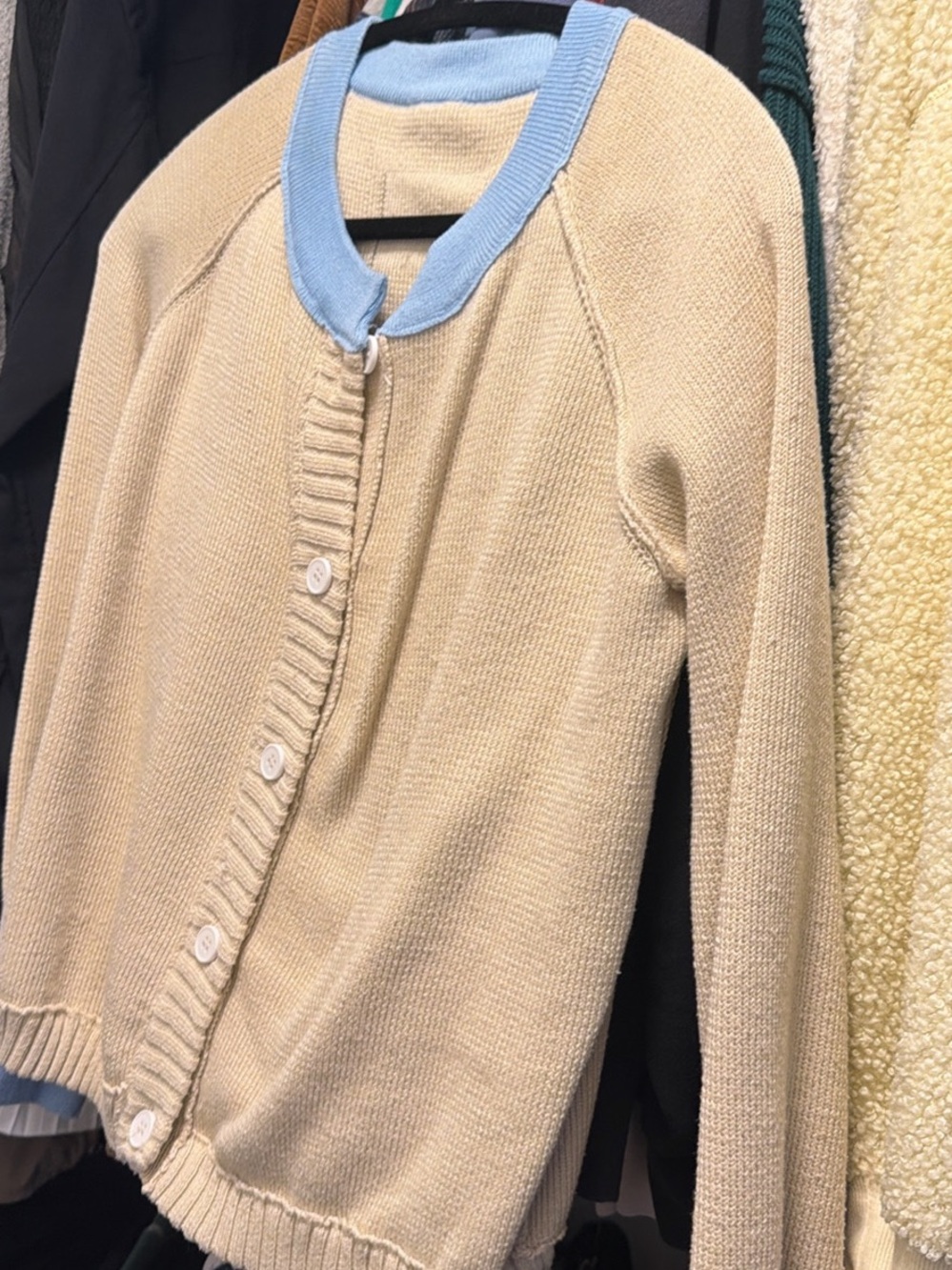 Beige Cardigan Sweater with Light Blue Trim